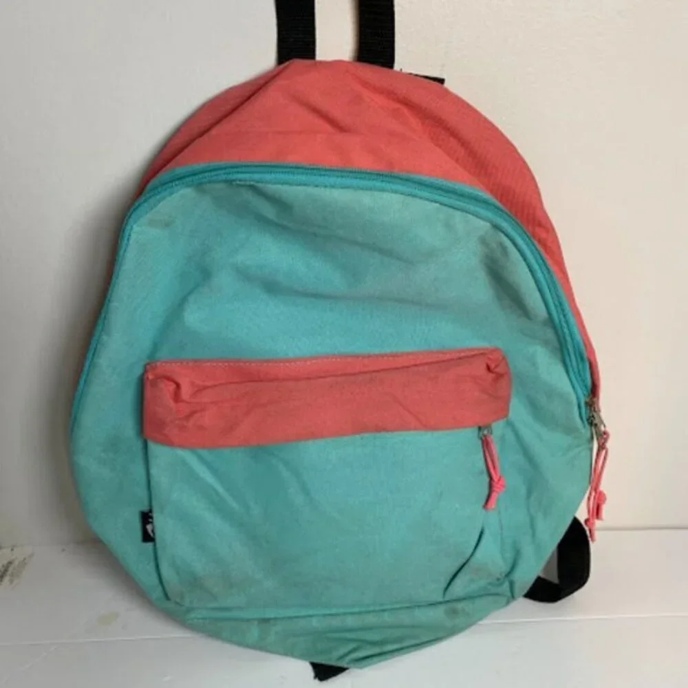 Two-Tone Canvas Nylon Womens Coral Pink Aqua Blue Backpack Medium - Picture 2 of 7